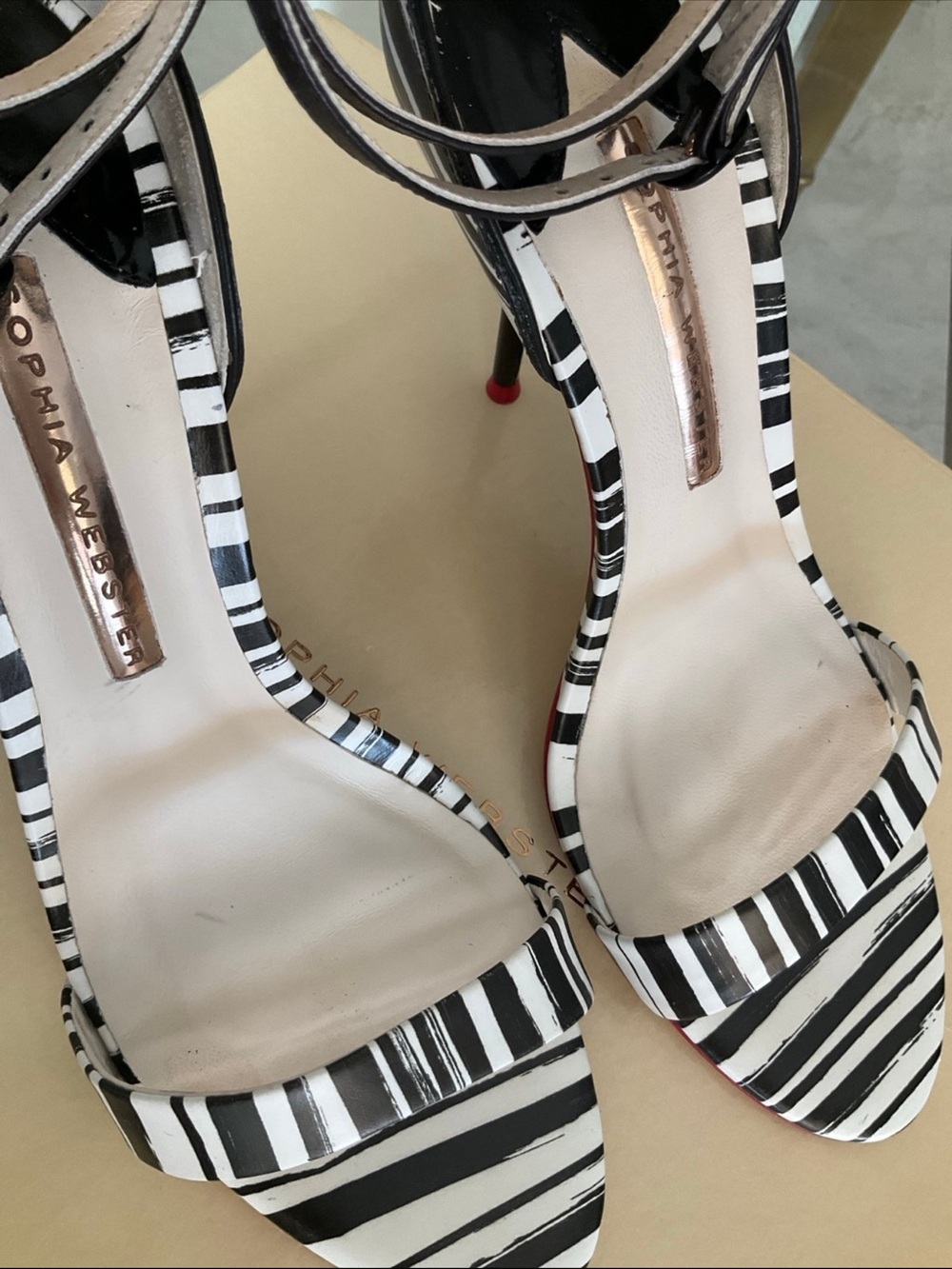 Sophia Webster Nicole black/white stripe red trim double ankle strap heels, 38.5 - Picture 8 of 13